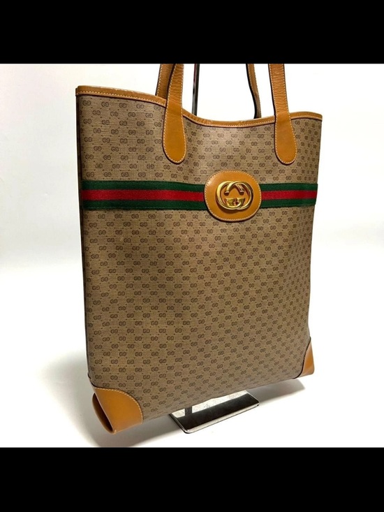 Gucci Handbags - Gucci Beige Brown GG Canvas Tote with Green-Red Web Stripe